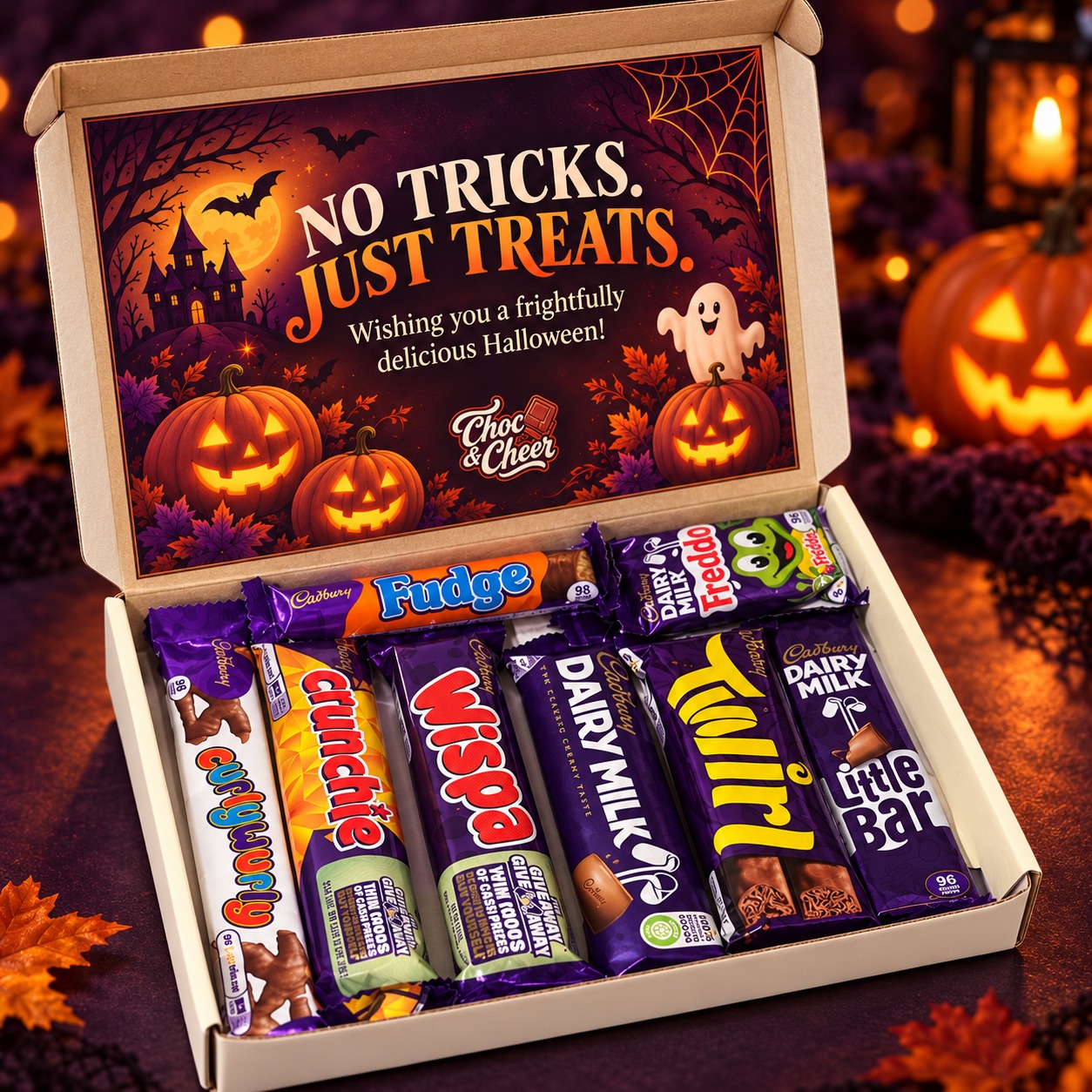 Halloween chocolate box with pumpkins, a ghost and the words No tricks just treats