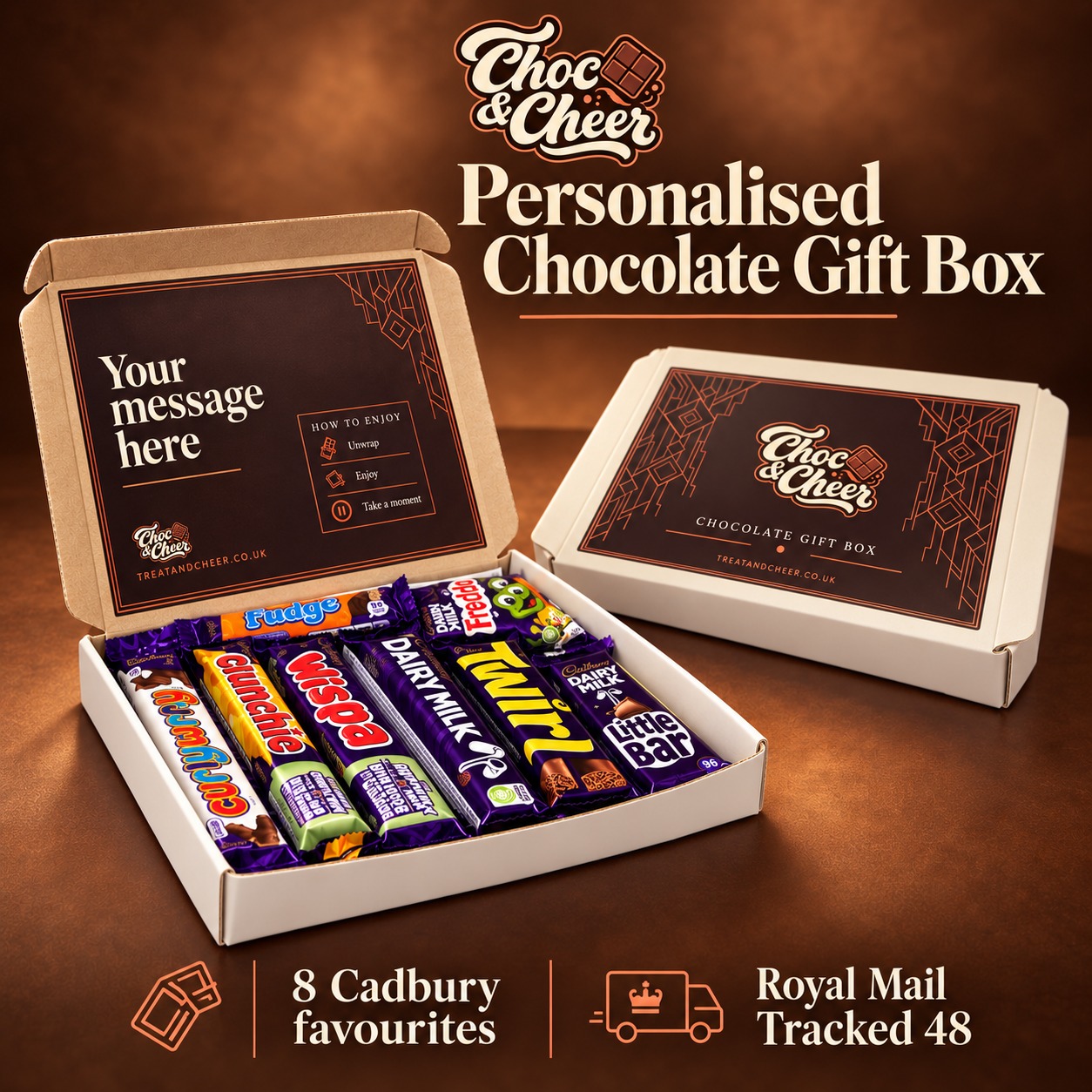 Signature Choc & Cheer personalised box showing inside and outside